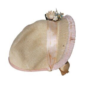 Vintage Floral Baby Bonnet With Pink Trim & Ribbon Ties